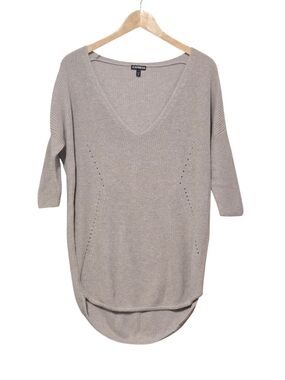 Express Oversized Taupe V-Neck Knit Dropped Shoulder Sweater Size Small